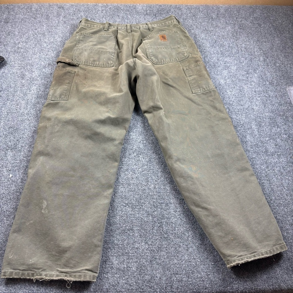 CARHARTT Men’s Grey/green Khaki Utility Cargo Work Pants Worn size: 34 - Picture 2 of 9